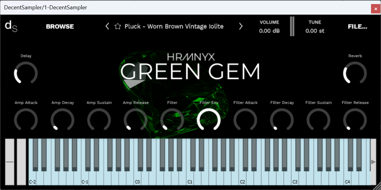 A screenshot of the Green Gem Sample Library instrument interface in Decent Sampler.